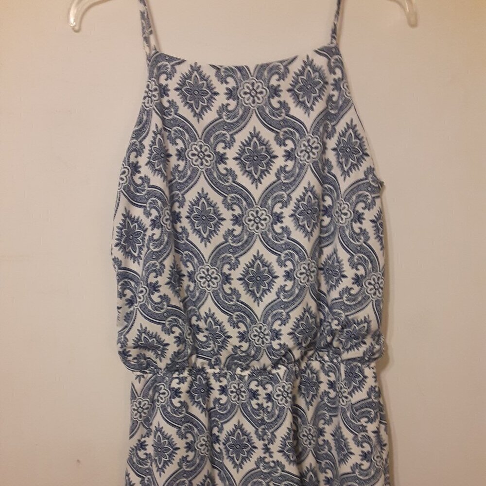 Premier Amour (10) Blue/White Paisley Blousy Top Romper w/Blue Fringe Hem.